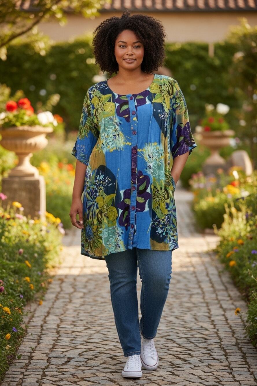 Roaman's Women's Plus Size 14W Blue Floral Rayon Button Front Tunic Blouse